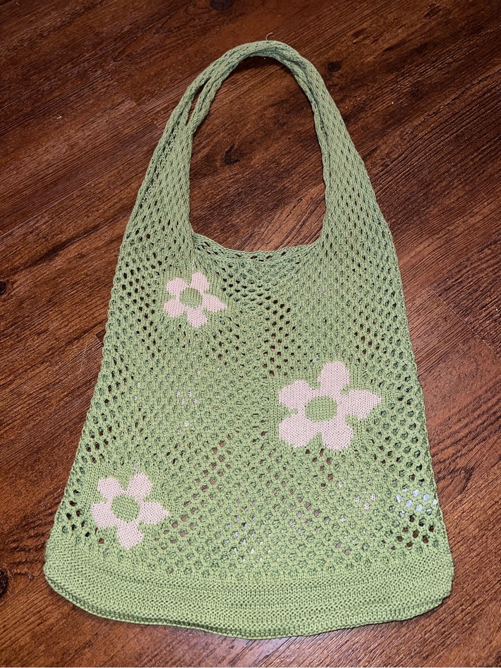 Crochet Green Boho Pink Floral Y2K Hippie Shoulder Tote Bag - Picture 1 of 5